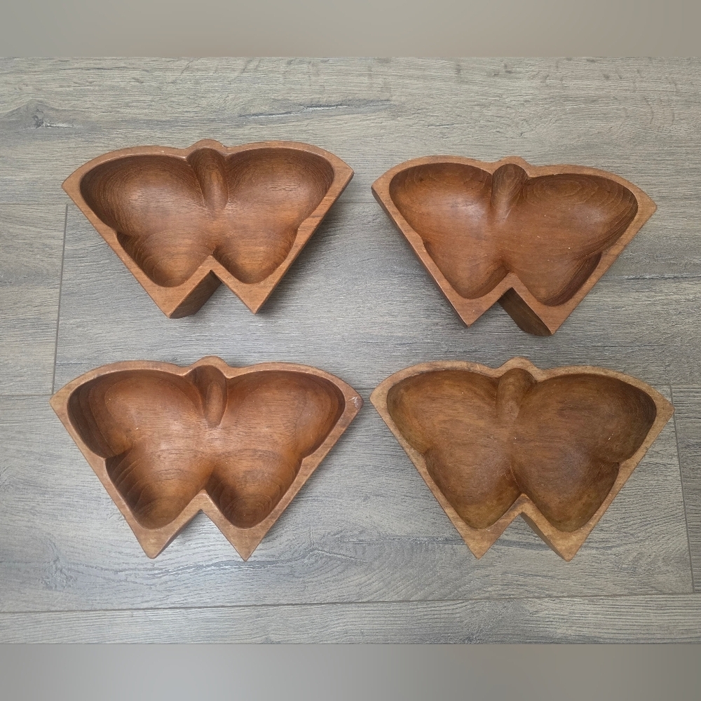 80's Wooden Butterfly Bowls Set Of 4 Country Home Picnic Whimsy Boho